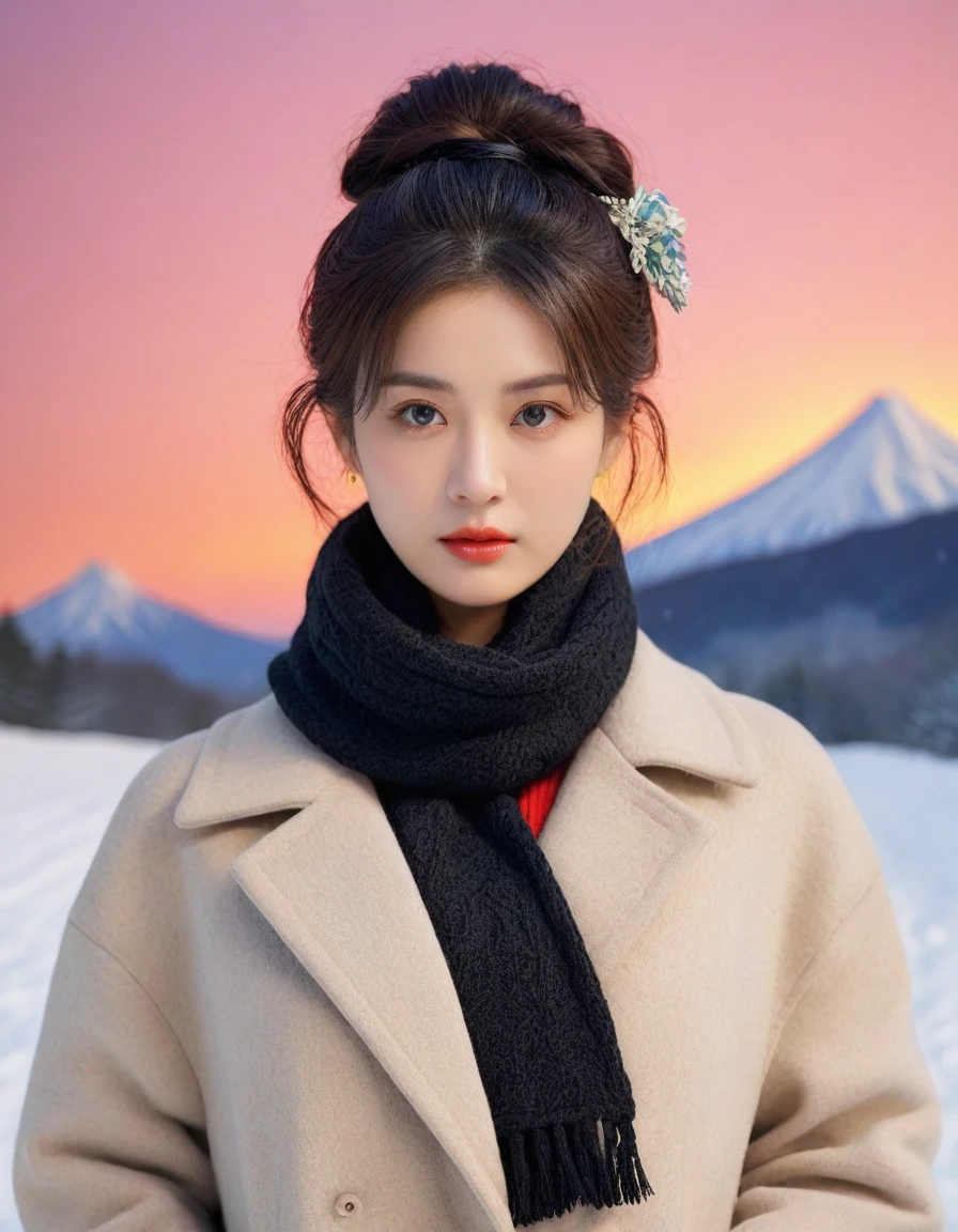 8K, 超high resolution, best quality, masterpiece, surreal, painting,A three-part method, 성숙한 1 woman, (36 years old:1.3), Pretty Woman, Cute face, Beautiful Eyes in Every Detail,japanese women ,(Wearing a long winter coat and scarf、Close-up of thin black double-sided updo:1.5)、(The woman turned around with a very sad expression., her medium hair standing in winter park:1.5)、(blurred background:1.5)、(red sky at sunset:1.5)、(complete anatomy:1.5)、(full hand:1.3)、(full finger:1.3)、realistic、生painting、tabletop、best quality、high resolution、delicate and beautiful、perfect face、beautiful details、fair skin、real human skin、((thin legs))、bold pose,Super cute supermodel、Please look closely at the camera 、vivid details、detailed、surreal、빛과 painting자,strong light,fashion magazine cover,thin lips, head closed on shoulders, 1 woman, full body shot,