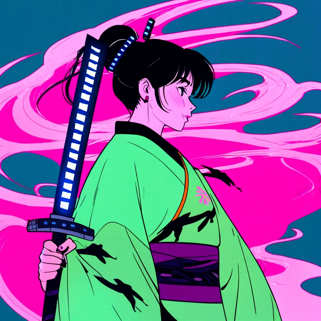 a woman with a sword standing in front of a pink background, cyberpunk art inspired by Liam Wong, trending on Artstation, ukiyo-e, neon samurai, 8 0 s anime vibe, anime vibes, cyberpunk art style, jen bartel, japanese art style, cyberpunk vibes, very beautiful cyberpunk samurai, anime cyberpunk art, anime style 4 k, cyberpunk samurai