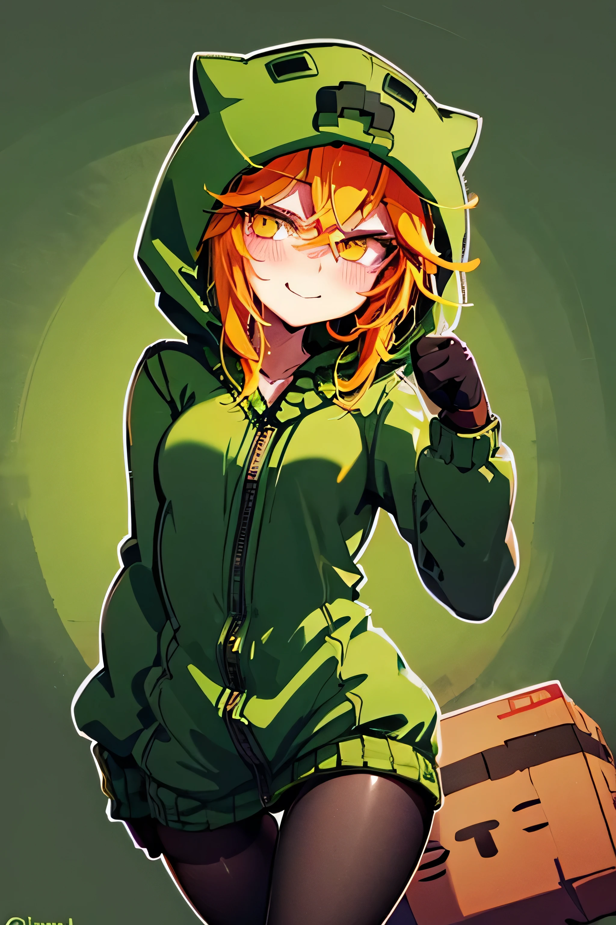 anime girl, creeper girl, orange hair, yellow eyes, blush, cute smile, slim figure, slender legs, long green hoodie, hood, green mini skirt, dark green stockings, black gloves, small breasts, minecraft plains