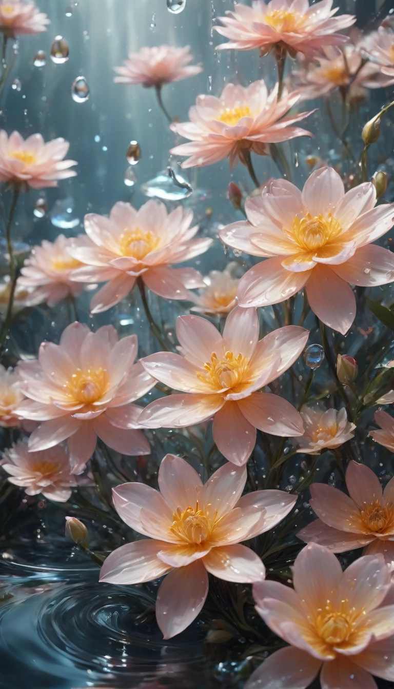 (((Intricate details:1.4))), (((Crazy details:1.4))),(((best quality:1.3))), (((Soft colors 4k highly detailed digital art:1.3))). | close up:Delicate water splashes form magical flowers, Like water reflecting light, Every drop of water is carefully drawn,And used the master-level gouache painting technique,Shrouded in the mysterious atmosphere of light and shadow art, Water splashes everywhere, good environment, Cleverly illuminated,fantasy art behance,Surreal, Its beauty and power are captured,It gives people a solemn atmosphere.