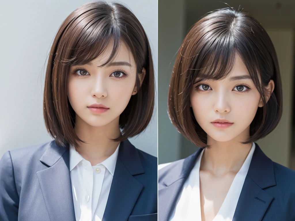 ((Highest quality, 8K, masterpiece :1.3)), One girl,Bob Hairstyles,Photographed in front of a white wall、Photographed in natural light、Wearing a business suit、Top view、super Detailed face, Beautiful Eyes,(Highly realistic photos, High resolution, Detailed face, Beautiful Eyes)、Japanese women, Age 25, A variety of expressions, alone:1, Various Hair Styles, Only one person in the photo、Photographed in natural light、Don't look at the camera、profile、Dark brown hair color