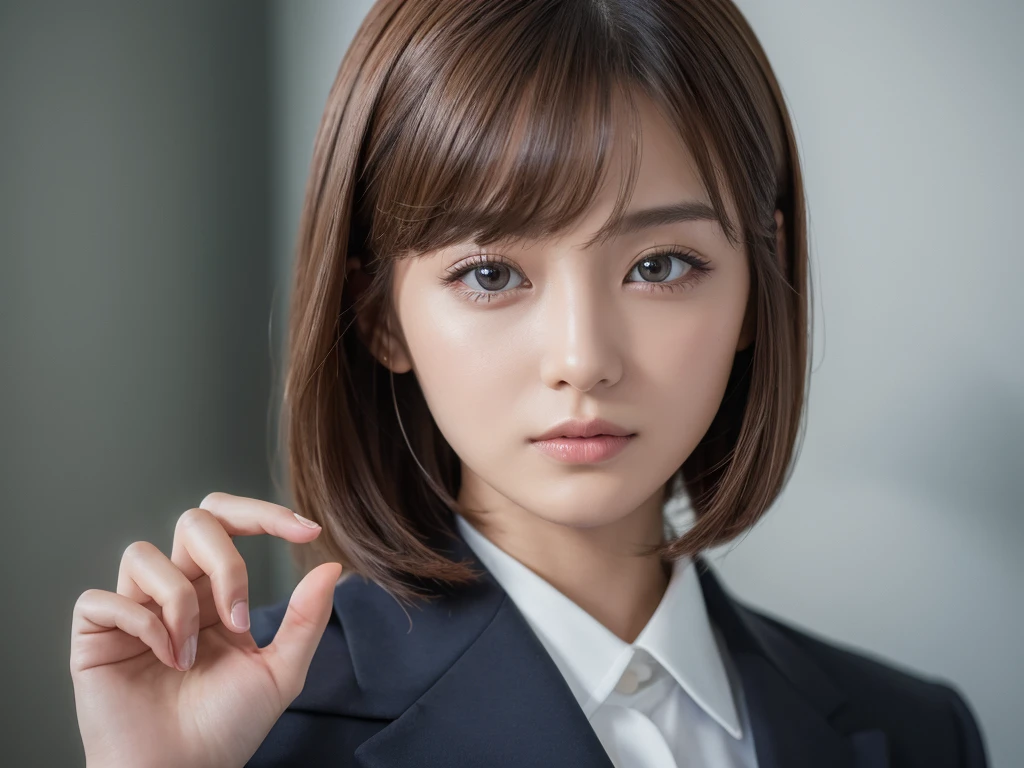 ((Highest quality, 8K, masterpiece :1.3)), One girl,Bob Hairstyles,Photographed in front of a white wall、Photographed in natural light、Wearing a business suit、Top view、super Detailed face, Beautiful Eyes,(Highly realistic photos, High resolution, Detailed face, Beautiful Eyes)、Japanese women, Age 25, A variety of expressions, alone:1, Various Hair Styles, Only one person in the photo、Photographed in natural light、Don't look at the camera、profile、Dark brown hair color