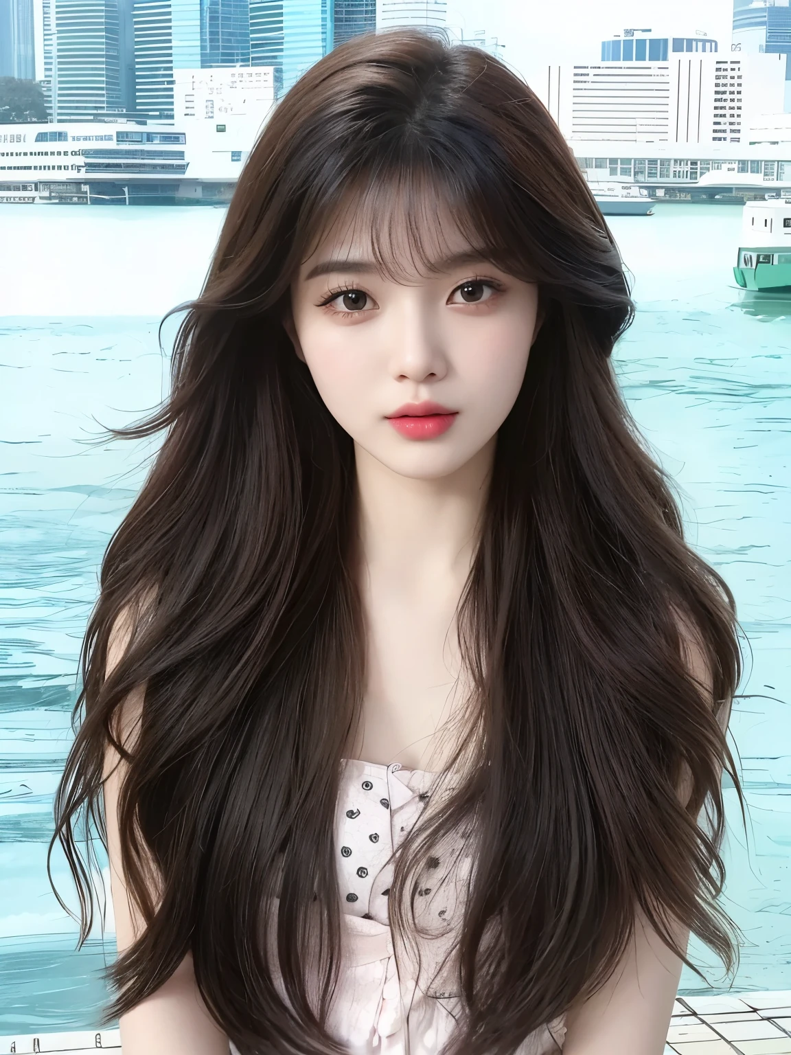 masterpiece,Best quality,Wearing a pink polka dot skirt,一头黑茶色Long curly hair的女孩,Long curly hair,Flowing long hair,Bangs,Sweet girl,Exquisite facial features,20 years old,Chinese Girl,