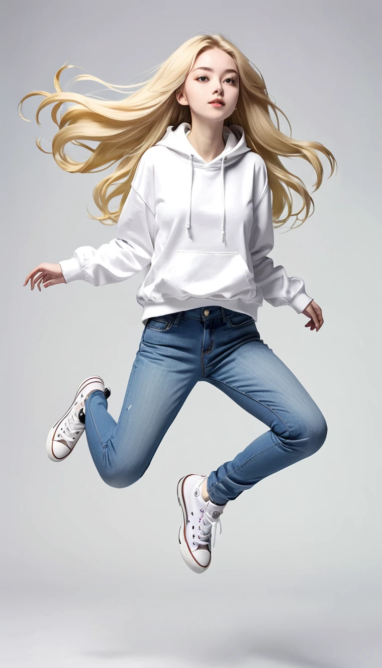 monochromatic、22 years old、woman、Moderate bust、Simple Background、solo、slender、1 person、Superpowers、Small parts floating in the air、Blonde、Long Hair、Floating in the air、White hoodie、jeans、Converse