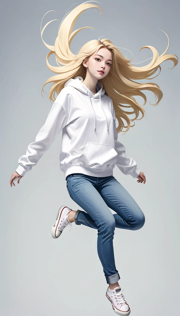 monochromatic、22 years old、woman、Moderate bust、Simple Background、solo、slender、1 person、Superpowers、Small parts floating in the air、Blonde、Long Hair、Floating in the air、White hoodie、jeans、Converse