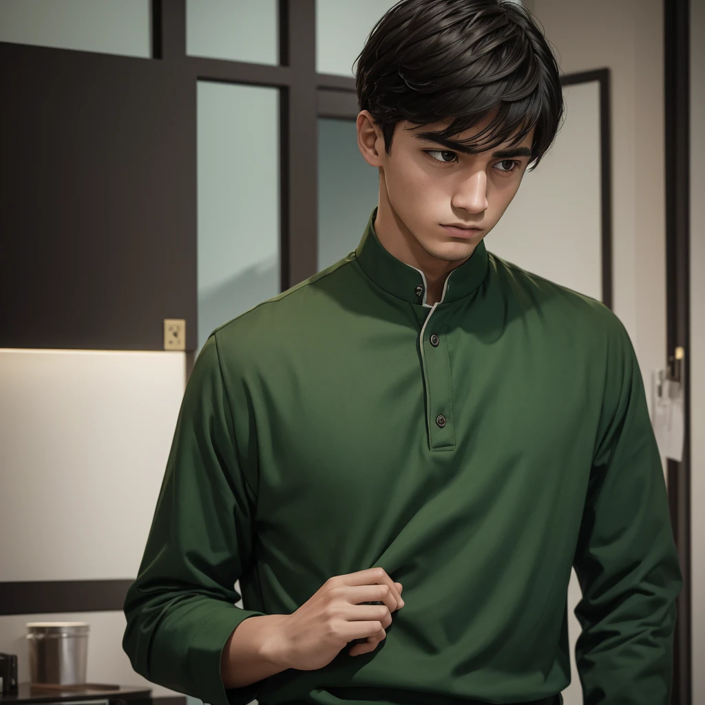 Create an image depicting a young man dressed in green clothing who exhibits excessive concern and consideration in his everyday life. Show him in various daily situations where he demonstrates heightened attentiveness and care towards others. Capture realistic expressions and gestures that convey his thoughtful and empathetic nature. Set the scenes in typical daily environments to emphasize the relatability and realism of his actions. Ensure the composition portrays his genuine kindness and attentive demeanor convincingly.