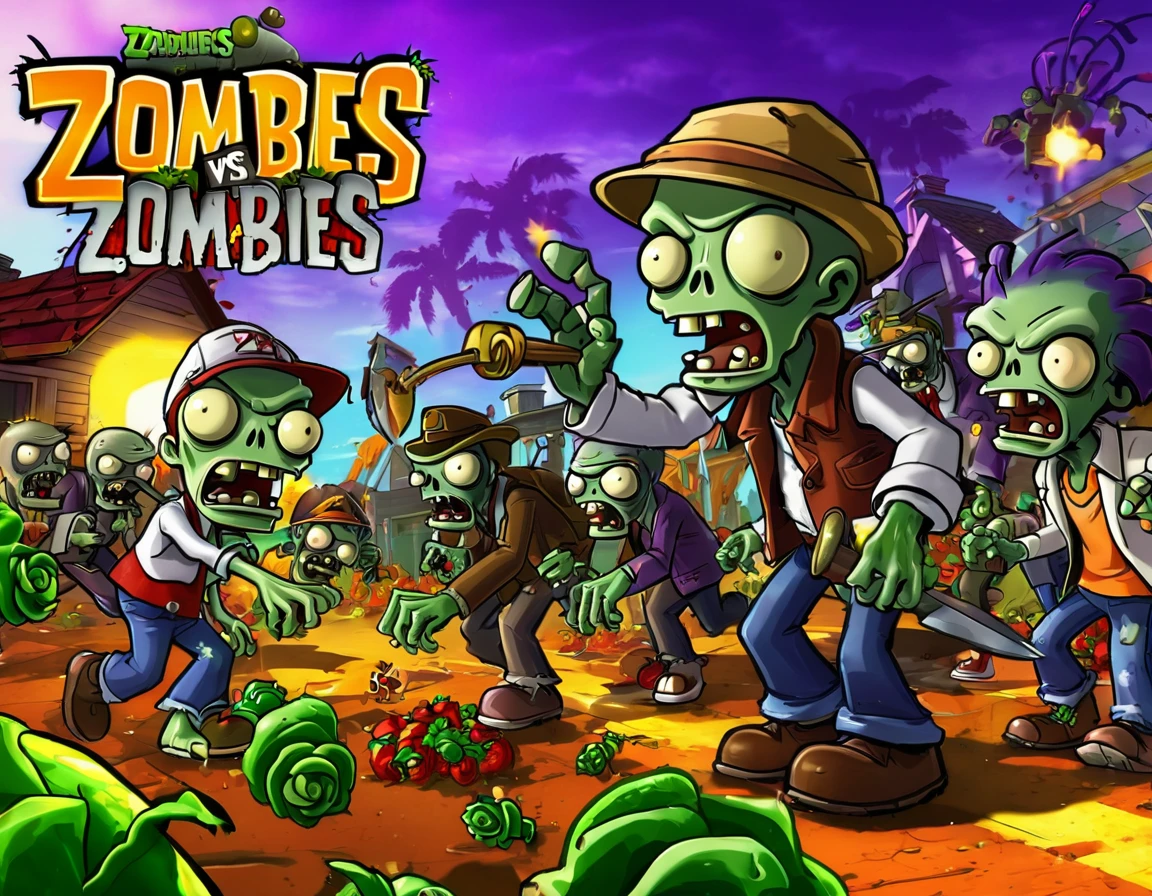plants vs zombies is a game that is very fun, concept art by Dan Content, deviantart contest winner, conceptual art, zombies attack, promotional art, remaster, background artwork, gardening, hd screenshot, hd artwork, game illustration, loading screen, hq artwork, zombies, splash screen art, wallpaper - 1 0 2 4, high quality desktop wallpaper, hd remaster