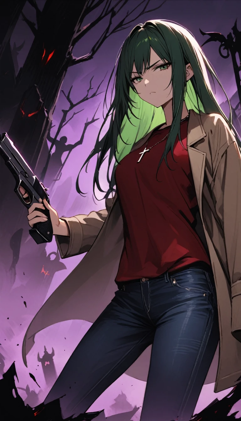 (masterpiece)、(absurdres)、(ultra detailed)、long shot,(shiny dark green hair)、(solo girl)、(dark green eyes)、 breast:0.8,(straight long hair)、BREAK,(casual beige jacket)、(red Tshirt)、(denim JEANS)、Cross Necklace:0.9、BREAK,Holding a handgun in your hand:1.2,Defensive Pose、angry,serious,half-closed eyes,dynamic angle,closed mouth,cowboy shot,side view:1.2,A dark graveyard at night filled with monsters and demons:1.1、darkness,no lighting,purple fog:1.05、