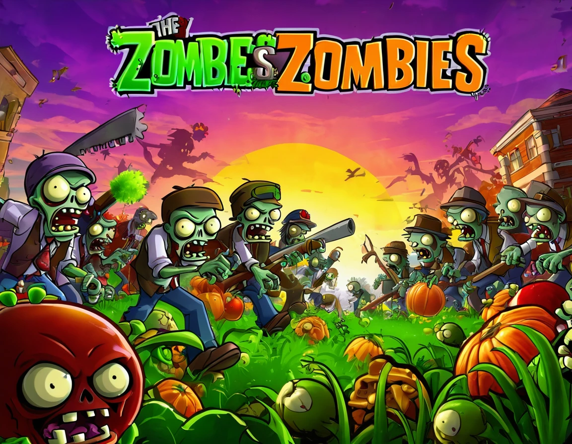 plants vs zombies is a game that is very fun, concept art by Dan Content, deviantart contest winner, conceptual art, zombies attack, promotional art, remaster, background artwork, gardening, hd screenshot, hd artwork, game illustration, loading screen, hq artwork, zombies, splash screen art, wallpaper - 1 0 2 4, high quality desktop wallpaper, hd remaster