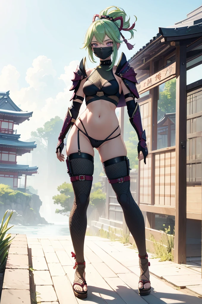 ((1girl, solo)), (((cowboy shot))), (legs apart:1.5), standing, beautiful body, (perfect anatomy, perfect body, perfect hands, perfect legs), natural proportions, sexy body, (large breasts:1.5), (full body, full-body shot, full body front:1.5) BREAK
((extremely detailed face)), (beautiful detailed eyes:1.6), (realistic pupils, realistic iris:1), expressive eyes, looking at viewer, (clear eyes:1.3), (hyperrealistic:1.2), (detailed skin texture:1.2), smooth skin, kuki shinobu, purple eyes, green hair, ((mouth mask)), perfect face, perfect eyes BREAK
ninja, (fishnet top:1.5), (crop top:1.5), cleavage, (cropped jacket:1.5), (shoulder armor:1.5), (arm guard:1.5), partially fingerless gloves, midriff, black panties, ((black thighhighs)), (((greaves))), sandals, (revealing clothes:1.5), (japanese armor:1.5), (samurai armor), (highleg panty straps:1.4), tassel, thighs, ass visible through thighs BREAK
outdoor, day, japanese building, east asian architecture BREAK
(masterpiece:1.5), anime-style, top quality, best quality, (beautiful and aesthetic:1.2), (ultra detail:1.5), Ultra-detailed depiction, Ultra-precise depiction, extremely detailed 8k illustration, high resolution, (highly detailed shading:1.2), (realistic lighting:1.4), perfect lighting, vibrant colors, dynamic tones, striking hues, 8k, absurd resolution, perfect shadows, hdr, UHD, ambient lighting, realistic, ultra-realistic, photo realistic, highly detailed, rich detail, luminous colors, fine texture, intricate design, professional illustration, (soft light:1.2), (illustration:0.7)