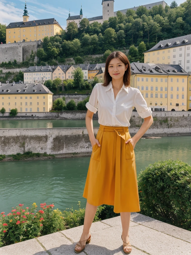 her name is Asako, high quality, 1girl, ((20-year-old fit Caucasian woman)), ((20 years old)), ((slim)), ((Mullet haircut)), pose: standing, wearing stylish fashionable Generation-Z modern wear bright colored, BACKGROUND:Your residence is a baroque townhouse with stucco facades and wrought iron railings, overlooking the Salzach River and the Hohensalzburg Fortress.