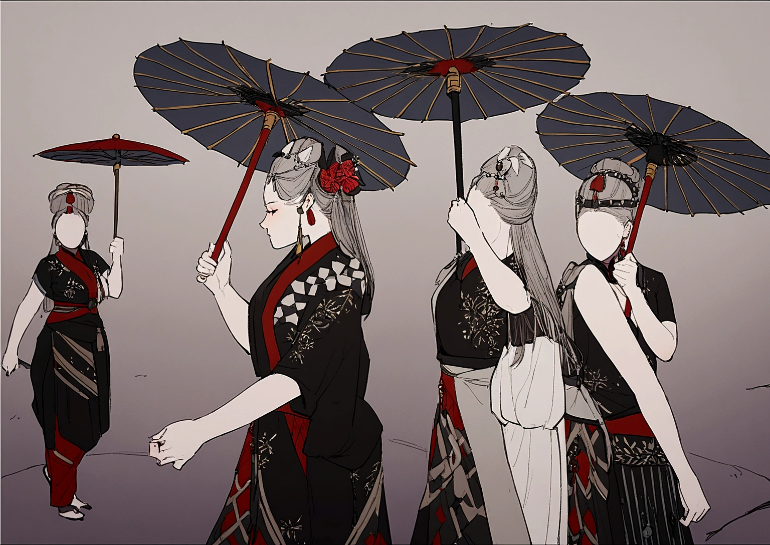 Four girls，Jingpo costumes，Inspired by the Jingpo people, Gorgeous silver jewelry, Ethnic motifs，Red and black clothes，Beautiful face