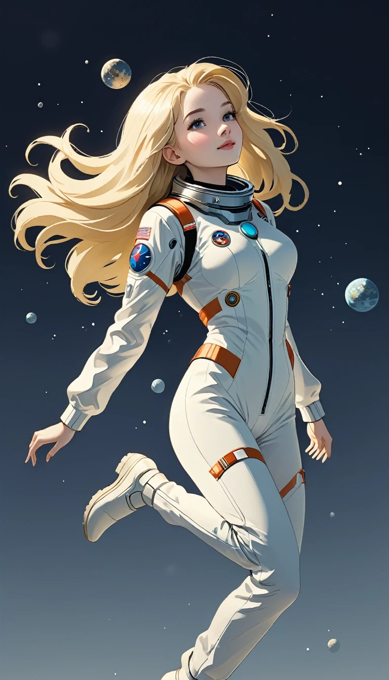 monochromatic、22 years old、woman、Moderate bust、Simple Background、solo、slender、1 person、Superpowers、Small parts floating in the air、Blonde、Long Hair、Floating in the air、Retro spacesuit