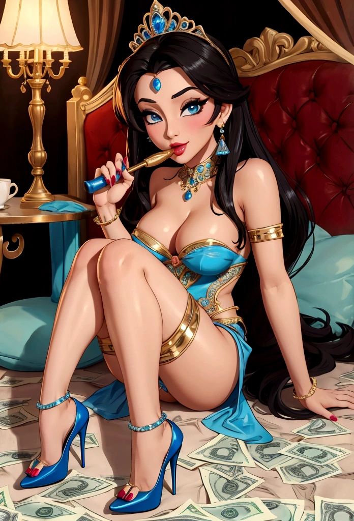 Princess Jasmine, high heels, stockings, money, blowjob, nsfw.