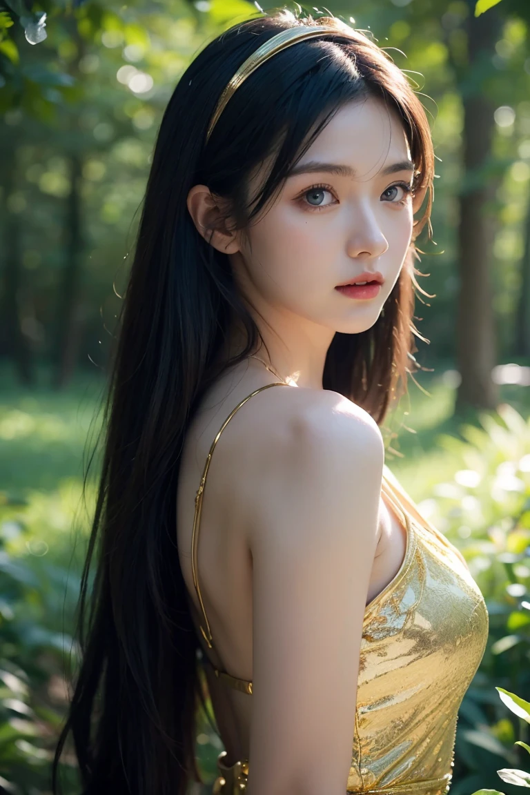 A beautiful young woman with long blue hair, blue eyes, and a golden headband, delicate detailed facial features, elegant flowing dress, standing in a serene forest landscape, magical glowing butterflies, cinematic lighting, highly detailed, photorealistic, 8k, masterpiece