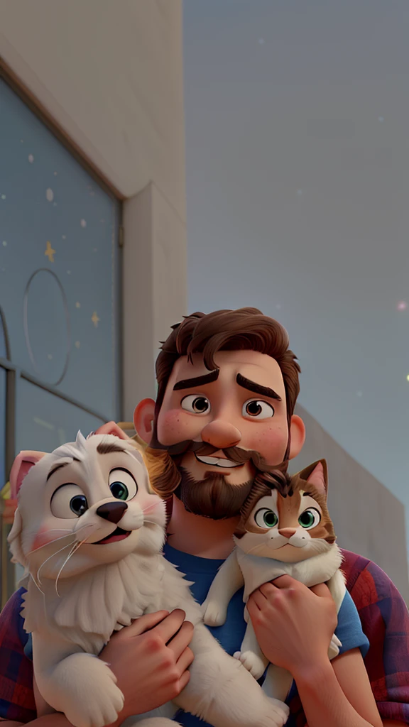 A disney pixar movie poster featuring a teenage character with a short beard and mustache, happy and cute. wearing clothes, Grinning, in one arm holding a Shintzu dog and in the other holding a cat with different colors. Under a blue sky, full of stars outdoors ( the image is cute and so are the characters