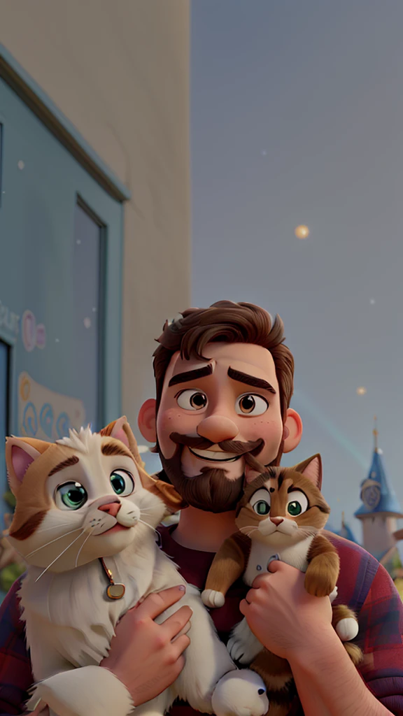 A disney pixar movie poster featuring a teenage character with a short beard and mustache, happy and cute. wearing clothes, Grinning, in one arm holding a Shintzu dog and in the other holding a cat with different colors. Under a blue sky, full of stars outdoors ( the image is cute and so are the characters