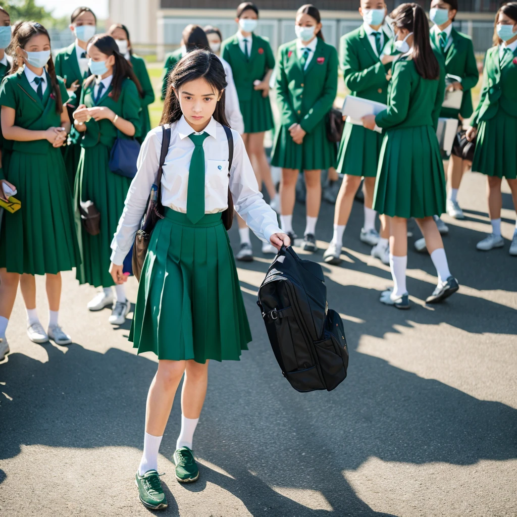 Create an image depicting a woman dressed in green clothing who exhibits excessive concern and consideration during her school life. Show her in various school settings where she demonstrates heightened attentiveness and care towards her classmates or teachers. Capture realistic expressions and gestures that convey her thoughtful and empathetic nature. Set the scenes in typical school environments to emphasize the relatability and realism of her actions. Ensure the composition portrays her genuine kindness and attentive demeanor convincingly.