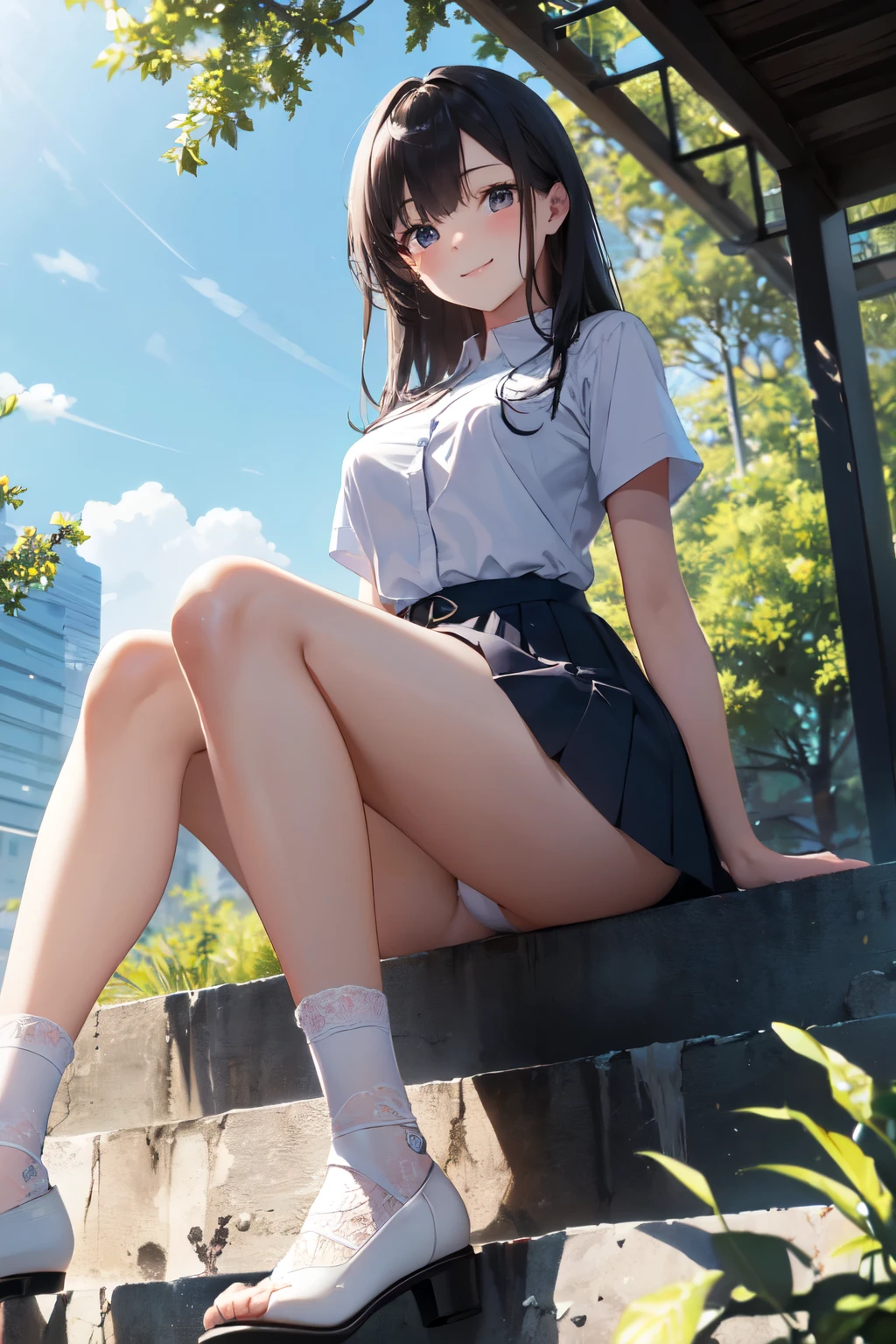 very cute and beautiful girl,(Very detailed美しい顔), (smile),blush,Black Hair,Seraphim,(White Shirt、Pleated navy blue pread your legs),Sitting、(From below),(Lacy white panties), Stairs in the park、Distant Tree々and the city, (Highest quality,masterpiece:1.0),Absurd,High resolution,Super detailed,Very detailed,32k,8K resolution, Intricate details,Movie Scenes,Detailed Background,alone,Dynamic Angle,