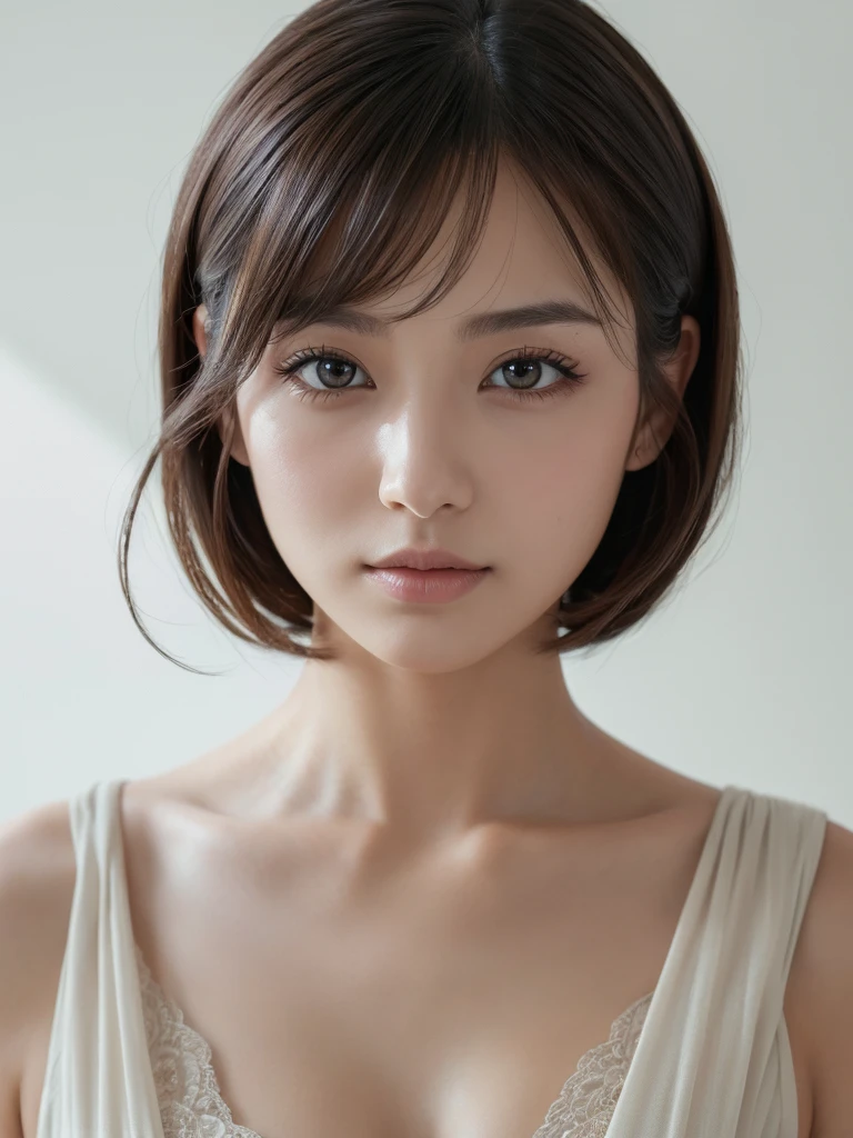 ((Highest quality, 8K, masterpiece :1.3)), One girl,Bob Hairstyles,Photographed in front of a white wall、Photographed in natural light、Wearing a business suit、Top view、super Detailed face, Beautiful Eyes,(Highly realistic photos, High resolution, Detailed face, Beautiful Eyes)、Japanese women, 28 years old, A variety of expressions, alone:1, Various Hair Styles, Only one person in the photo、Photographed in natural light、Don't look at the camera、profile、Dark brown hair color close to black
