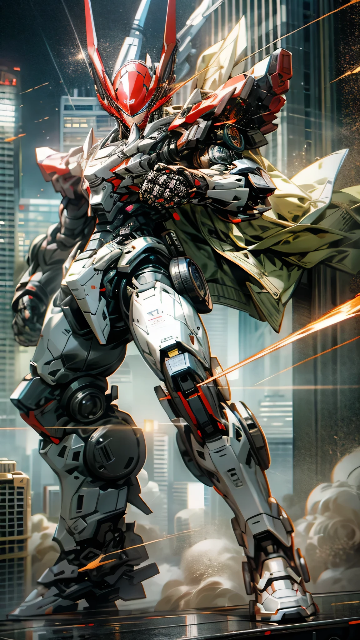 最high quality、Best image quality、masterpiece、Giant Mecha((Humanoid、Black body、Railgun、Body Armor、Jetpack、Red visor、Full burst、Laser firing,Covered in scars))high quality、Beautiful art、background((City)),Tabletop、Exquisite design、Visual Arts、Depth of written boundary、Best lighting、Highest detail、8k