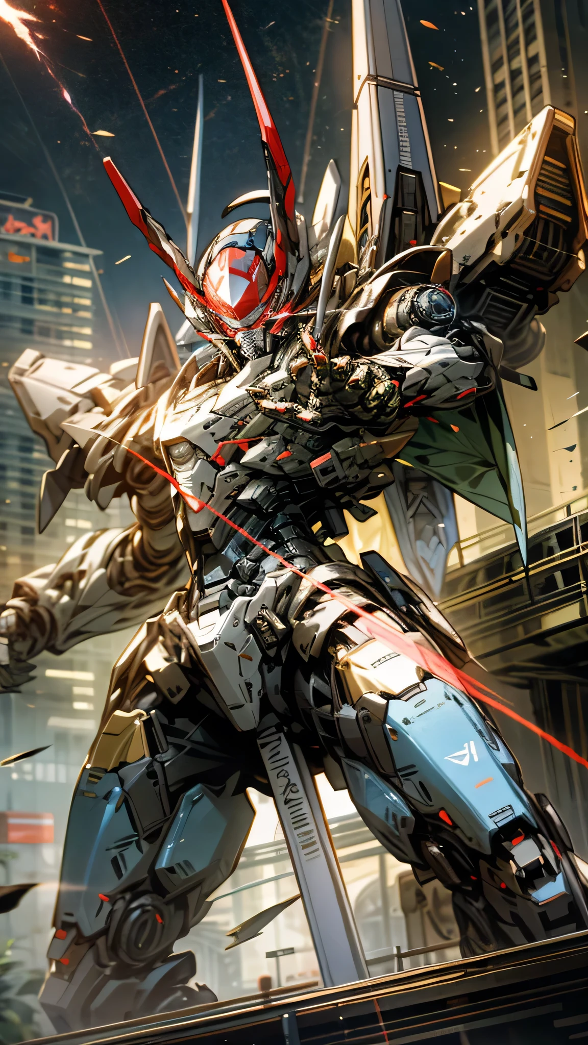 最high quality、Best image quality、masterpiece、Giant Mecha((Humanoid、Black body、Railgun、Body Armor、Jetpack、Red visor、Full burst、Laser firing,Covered in scars))high quality、Beautiful art、background((City)),Tabletop、Exquisite design、Visual Arts、Depth of written boundary、Best lighting、Highest detail、8k