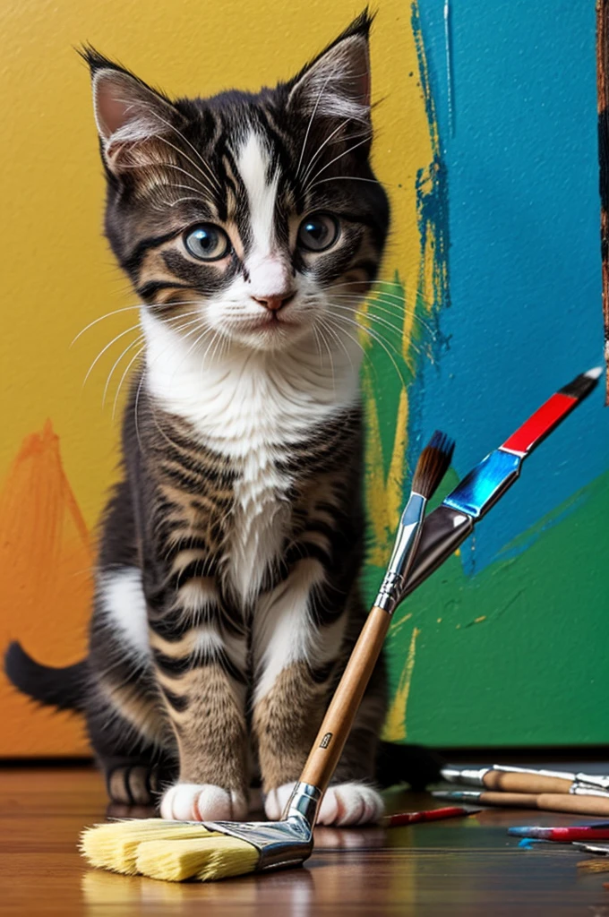 A kitten with a paintbrush