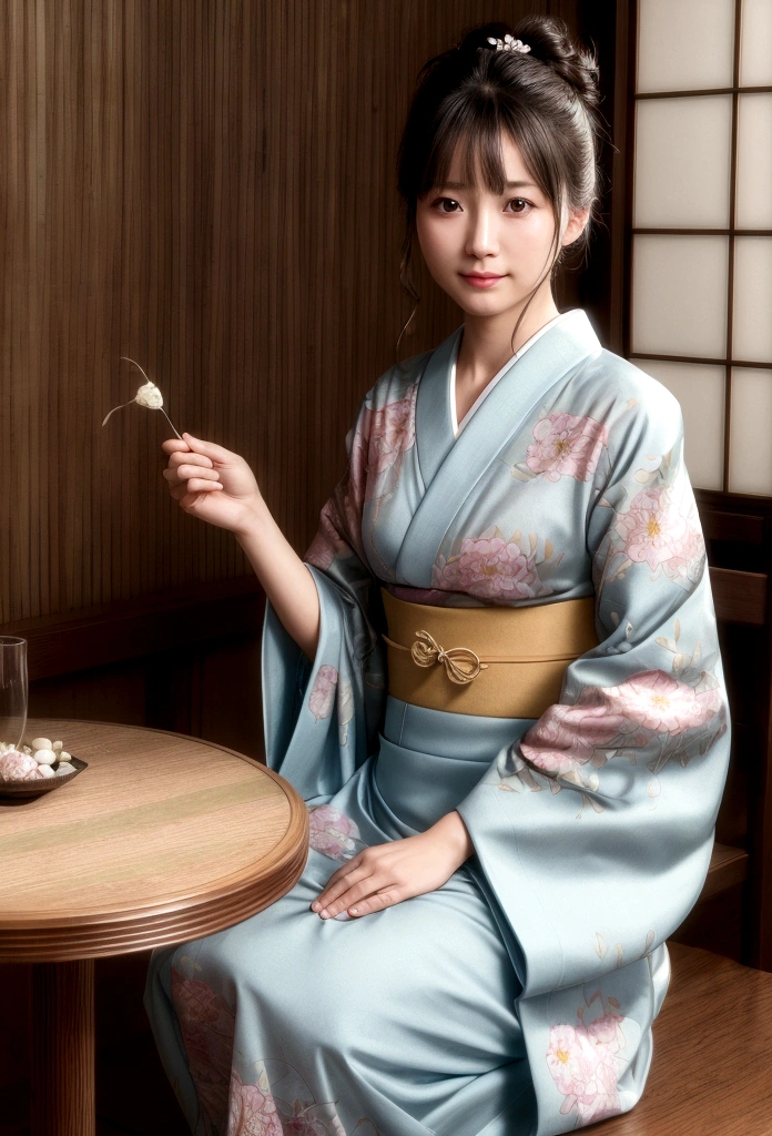 (Photorealistic:1.4), (Top image quality:1.0), (超High resolution:1.0), 8K, Raw photography, (masterpiece:0.2), (Purelos Face_v1:0.5)、(最高quality Detail:1.2)、Realisticな、8K UHD、High resolution、(One Girl:1.2)、超detailedな、High quality textures、Intricate details、detailed、非常にdetailedなCG、High quality shadows、detailed 美しく繊細な顔、detailed 美しく繊細な目、Depth of written boundary、Ray Tracing,One Girl, Japanese girl, cute, thin, Japanese patterned kimono,Floral scrunchie, Beautiful Skin, Look forward,please sit down, Sit up straight「thank you」says,Put your hands together gracefully,The land of Japan smiling faintly,Japanese garden,Luxurious Japanese-style room, Magic Hour, (Realistic:1.3), 細かくdetailedに, quality, (Tabletop:1.2), (Realistic:1.2), (最高quality), (Intricate details), dramatic, Ray Tracing, photograph, +roller
