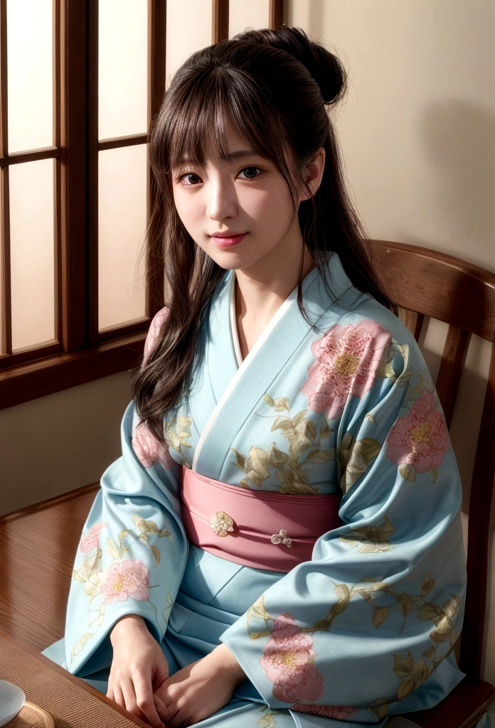 (Photorealistic:1.4), (Top image quality:1.0), (超High resolution:1.0), 8K, Raw photography, (masterpiece:0.2), (Purelos Face_v1:0.5)、(最高quality Detail:1.2)、Realisticな、8K UHD、High resolution、(One Girl:1.2)、超detailedな、High quality textures、Intricate details、detailed、非常にdetailedなCG、High quality shadows、detailed 美しく繊細な顔、detailed 美しく繊細な目、Depth of written boundary、Ray Tracing,One Girl, Japanese girl, cute, thin, Japanese patterned kimono,Floral scrunchie, Beautiful Skin, Look forward,please sit down, Sit up straight「thank you」says,Put your hands together gracefully,The land of Japan smiling faintly,Japanese garden,Luxurious Japanese-style room, Magic Hour, (Realistic:1.3), 細かくdetailedに, quality, (Tabletop:1.2), (Realistic:1.2), (最高quality), (Intricate details), dramatic, Ray Tracing, photograph, +roller