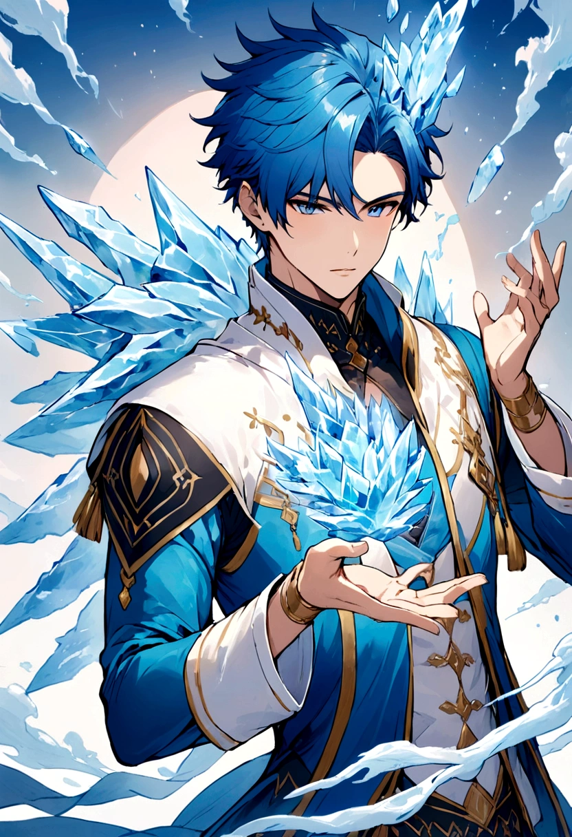 Male, Blue hair, Ice magic, short hair.