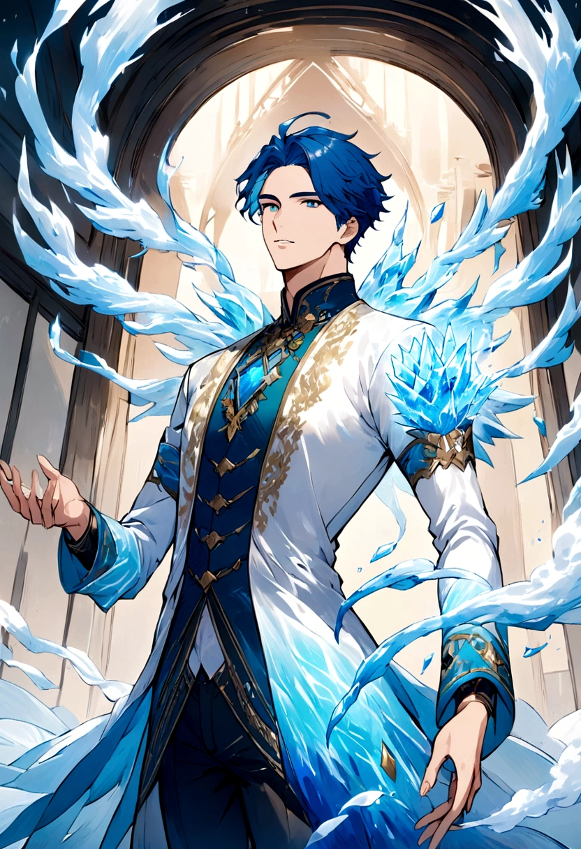 Male, Blue hair, Ice magic, short hair.