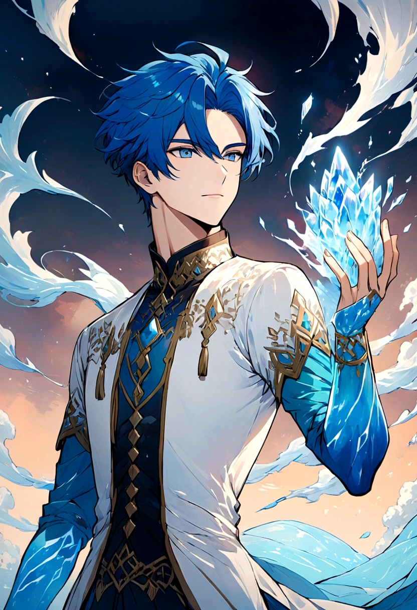 Male, Blue hair, Ice magic, short hair.