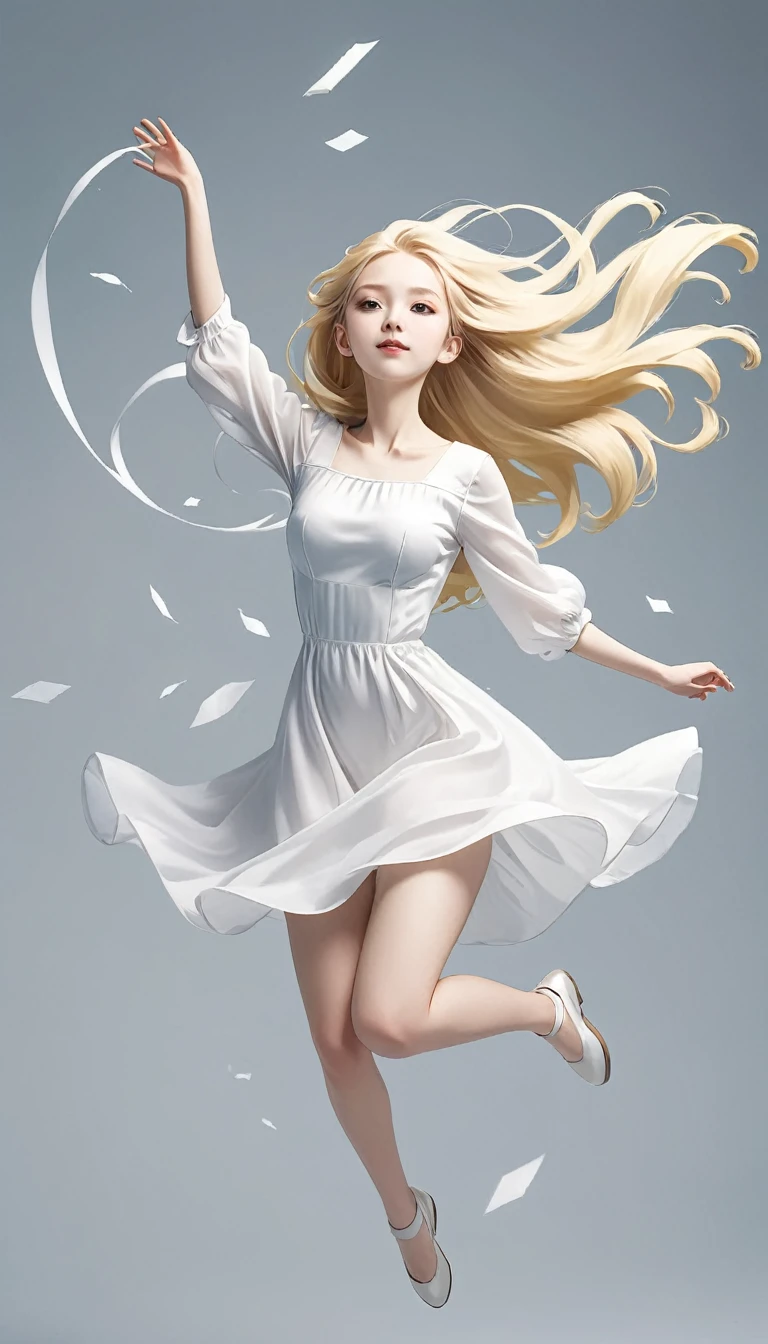 monochromatic、22 years old、woman、Moderate bust、Simple Background、solo、slender、1 person、Superpowers、Small parts floating in the air、Blonde、Long Hair、Floating in the air、Sister Style