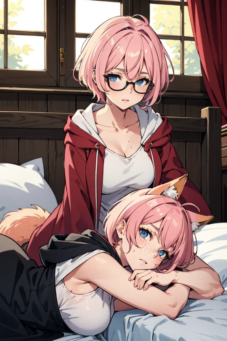 short beautiful young adult women, fox girl, chubby, plus size, tan skin, blue eyes, freckles all over body, short pixie cut hair, messy hair, pink hair, big round glasses, witch robes, indoors, laying in bed, beautiful picture,