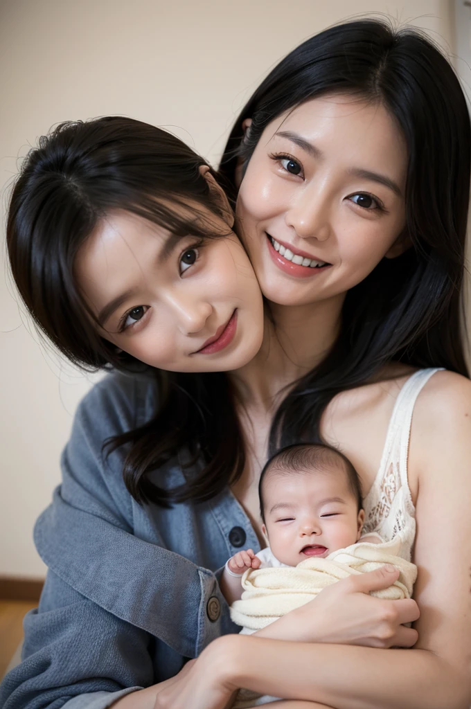 A Japanese woman in her 30s tenderly holds her two-month-old baby、Studio portraits that encapsulate the essence of motherhood。 . The scene is set against the backdrop of a house., Evoking comfort and family love、Capture intricate detail in the highest possible resolution (8K), Ensure every aspect of a serene moment is vividly depicted, Smiling mother looking at her baby、Smiling baby looking at his mother、Happiness、UNIQLO、Simple clothes、Bring your face closer、Cheek-rubbing、ゃんとBring your face closer、Selfie style with smartphone、Eye to eye、Our eyes meet