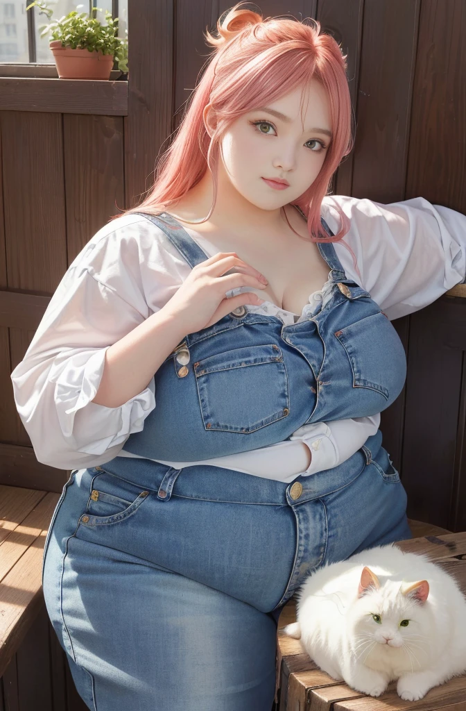 Makima de l'anime "chainsaw man", bbwchan, corps entier, magnifique et ultra détaillée. Ssbbw, obésité morbide, Cheveux rouges, yeux jaunes, visage gras, visage ultra détaillé et doux. Chemise, jupe en jean, pose dynamique, soleil,