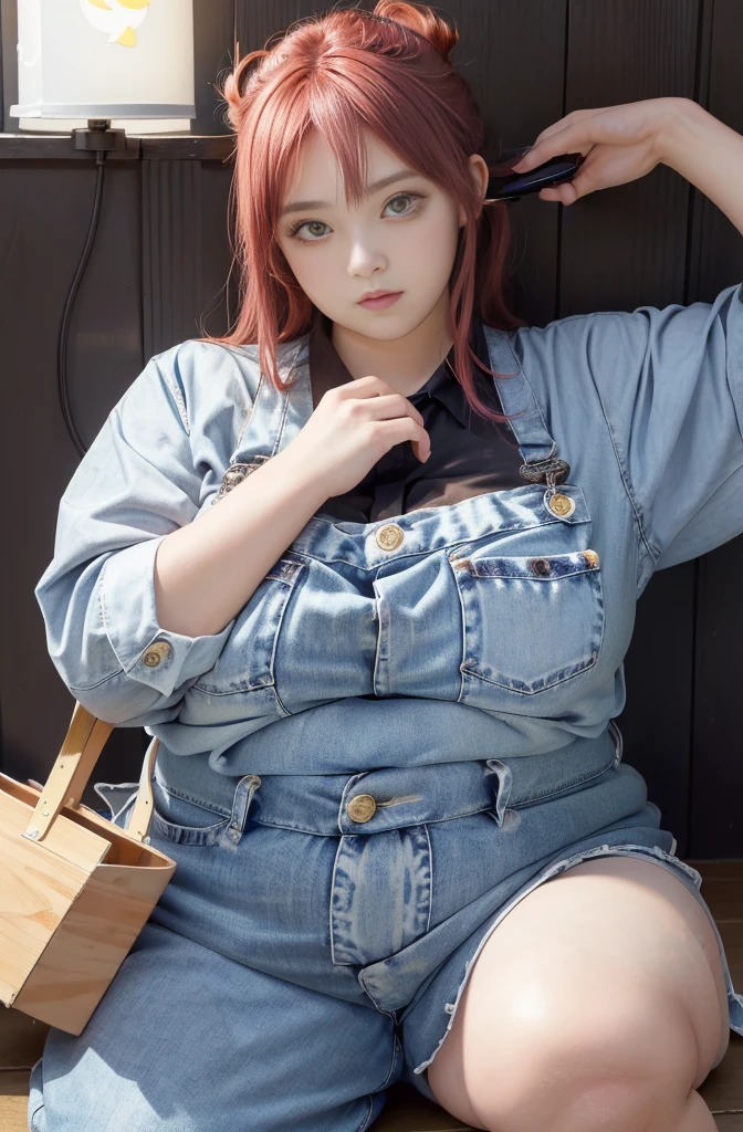 Makima de l'anime "chainsaw man", bbwchan, corps entier, magnifique et ultra détaillée. Ssbbw, obésité morbide, Cheveux rouges, yeux jaunes, visage gras, visage ultra détaillé et doux. Chemise, jupe en jean, pose dynamique, soleil,