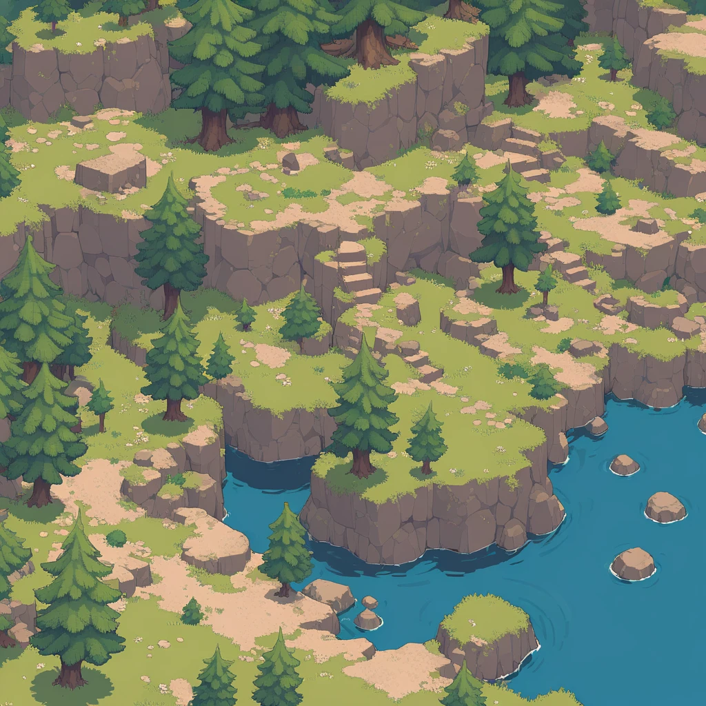 retro video game style,pixelated, vibrant pastel colors,8-bit characters,blocky shapes,sharp lines,detailed shading,classic gaming vibe,nostalgic atmosphere,classic arcade games,masterpiece:1.2,ultra-detailed,illustration style, 2d texture, stone texture, 4 k seamless mud texture, video game texture, dirt texture, tileset, game tiles, grass, 3/4th perspective trees, 3/4th perspective tileable rock texture, 3/4th perspective tileable cliff formations, tileable trees, topdown view, game texture, game art, tileable texture, very detailed cliff texture, intricate stones, top down view, 3/4th perspective