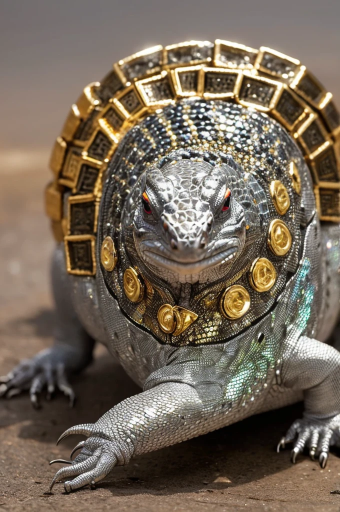 An eyeless silver giant lizard carrying a dimensional hole on its back surrounded by a gold-adorned ring