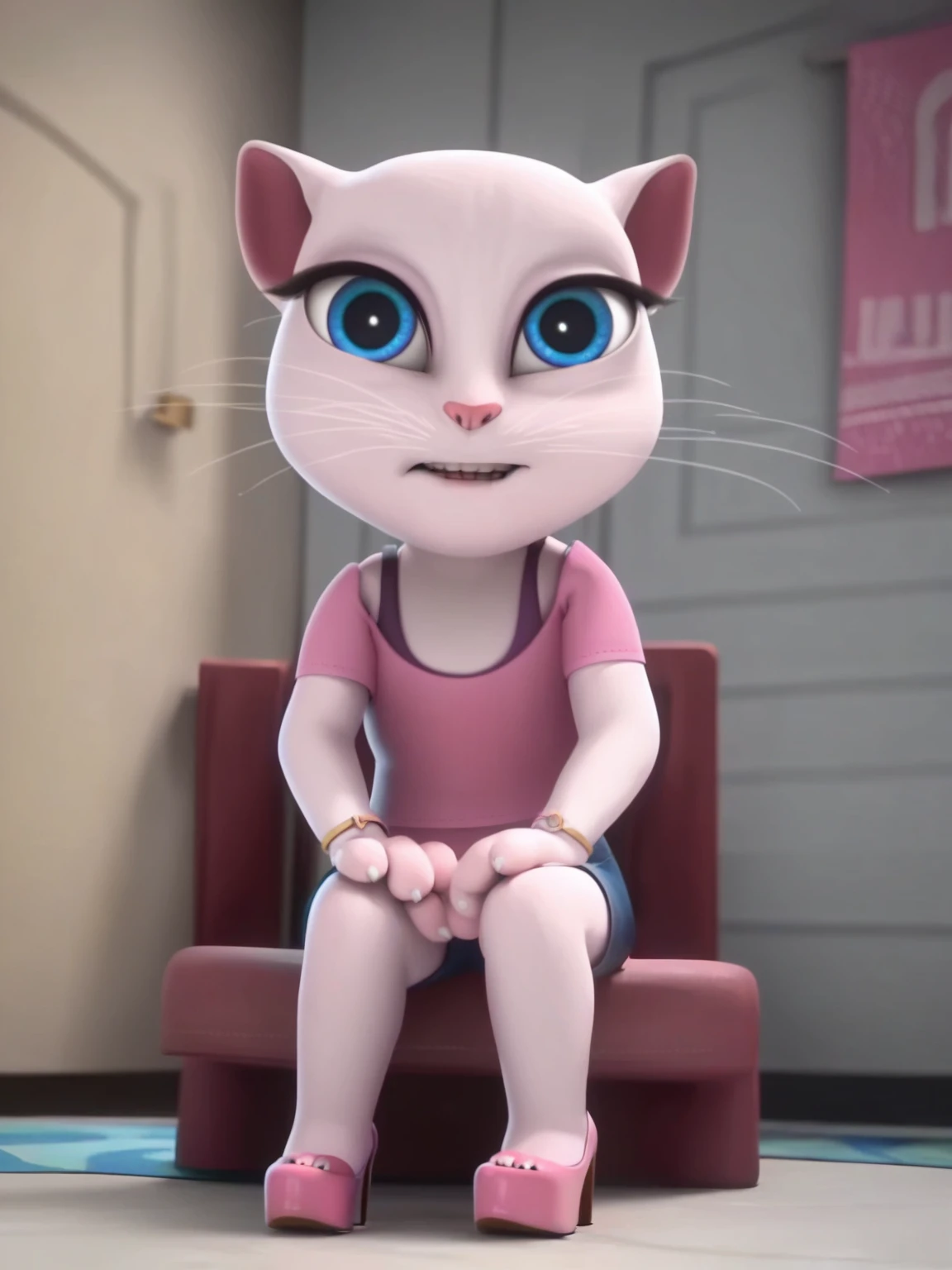 solo focus, a_la, 1girl, cat, white fur, long whiskers on both sides of the face, big bright blue eyes, big black eyelashes, small pink nose, triangular ears with pink channels, small breasts, fucklooking at the viewer, sitting on penis, front view, fuck with legs together, platform high heels, score_9, score_8_up, score_7_up