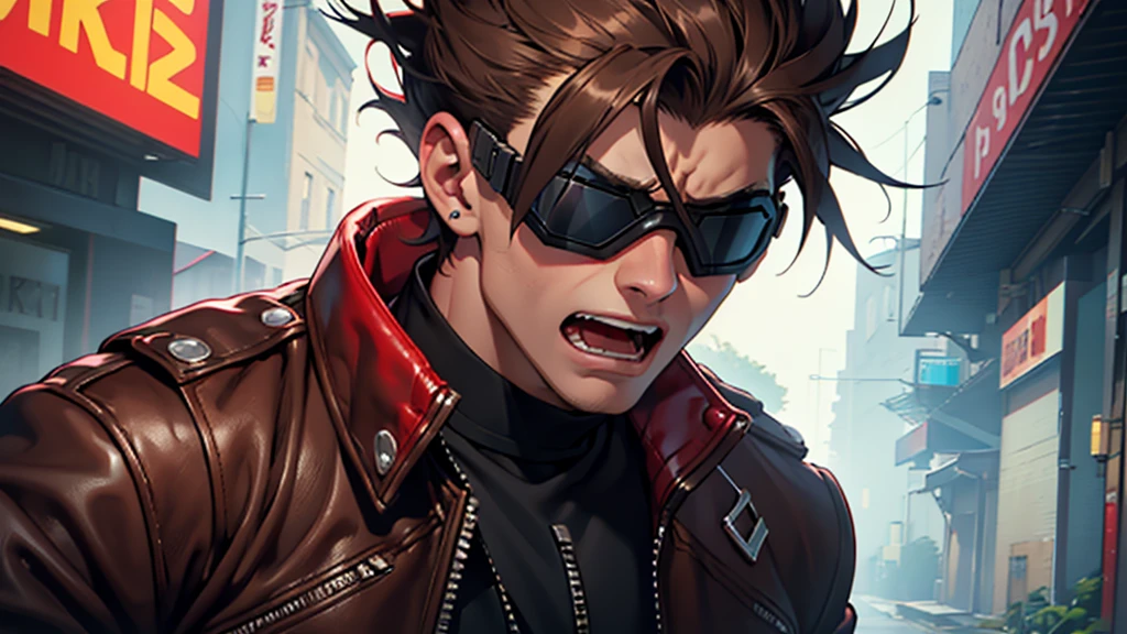 4k ultra high quality, human man, square jaw, red goggles over his eyes, white hightop hair cut, brown bomber leather jacket with fur collar, black shirt and pants, distraught look on his face shouting