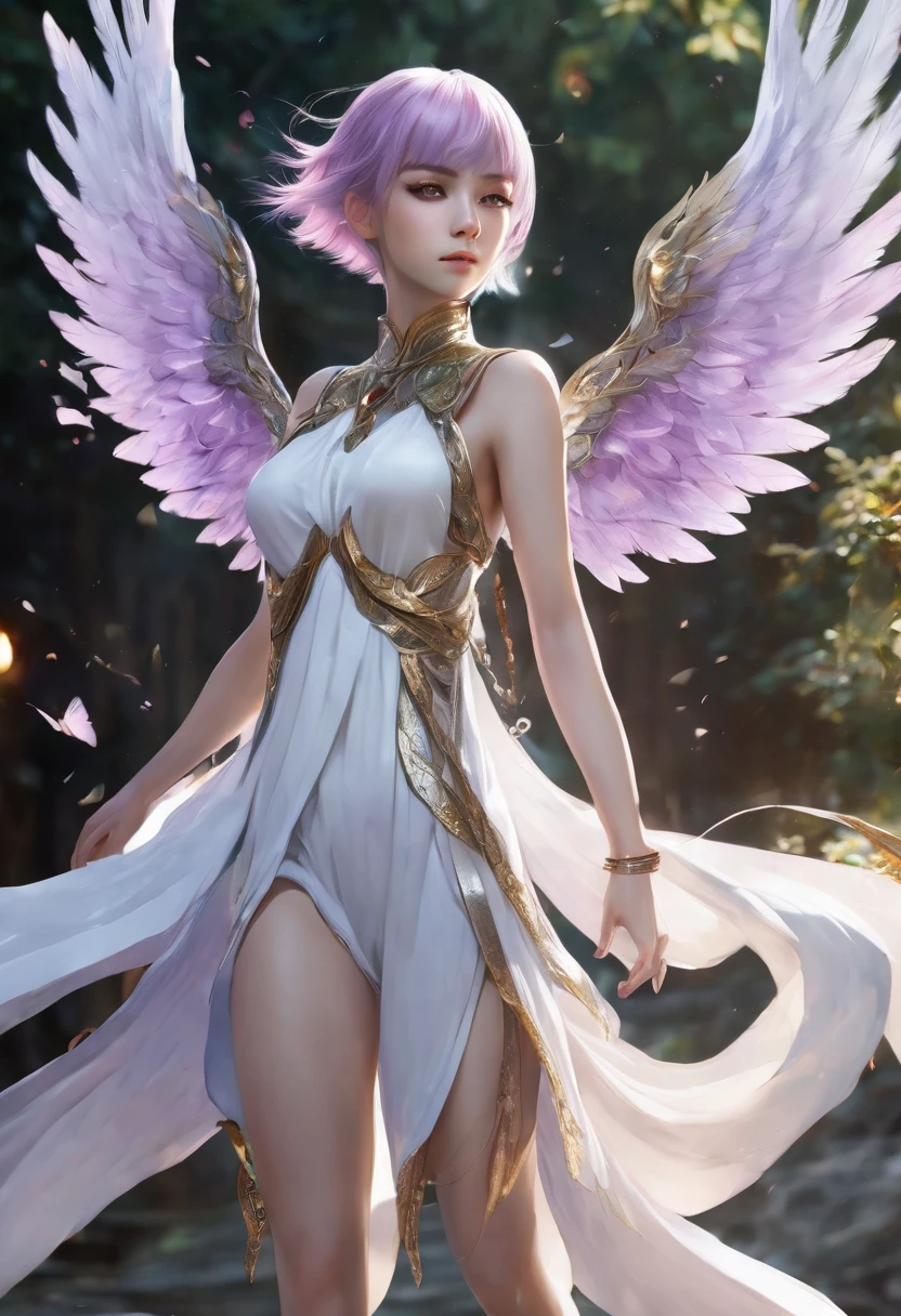 (best qualtiy，tmasterpiece), Beautiful teenage girl, Beautiful goddess, Sexy goddess, white crane, The right hand, A long flowing dress, Slender legs Silver hair, By bangs, Tie a ponytail,  Beautiful hair accessories, Detailed scenes, the night, starrysky, cold light, full moon, (In pink, white colors, cyan colors), ((From below)), ((full bodyesbian)), ((crossedlegs)), ((Realistic)),