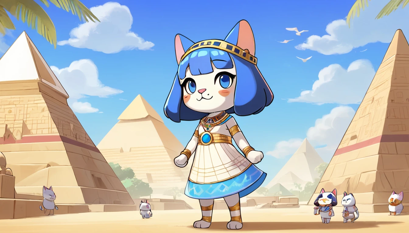 1girl,Artist Name,Egyptian cat,Blue Hair,skin,Keep your mouth shut,Wear,whole body,solo,Standing,猫Tail,Keep your mouth shut,Wear,Looking at the audience,Animal Crossing Furry, Blue Hair, Hair accessories, 黄skin, black eyes, White Dress, Tail, Egyptian Pyramids,mummy,Sunlight,sunny,(masterpiece), ((best quality), Detailed background, masterpiece, best quality, high quality, absurd, The award-winning, professional, Very detailed