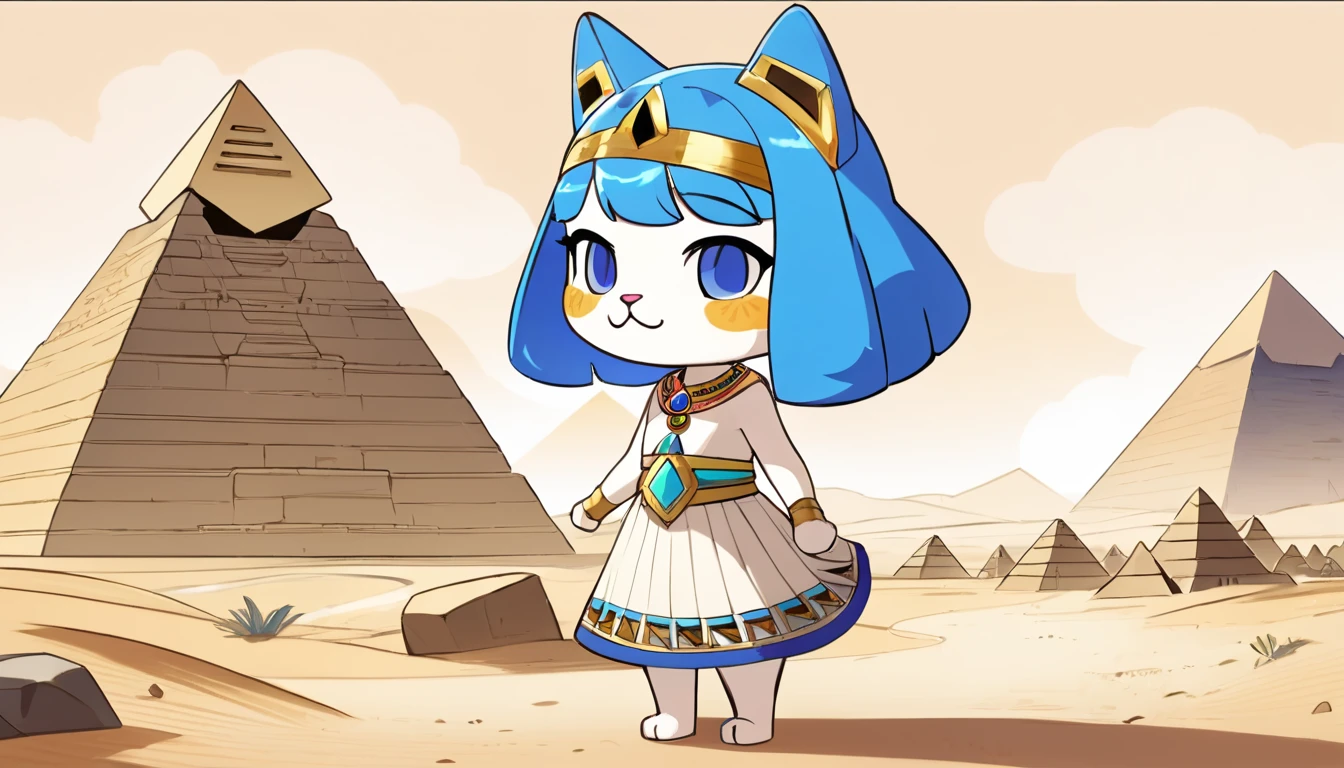 1girl，Artist Name，Egyptian cat，Blue Hair，skin，Keep your mouth shut，Wear，whole body，solo，Standing，猫Tail，Keep your mouth shut，Wear，Looking at the audience,Animal Crossing Furry, Blue Hair, Hair accessories, 黄skin, black eyes, White Dress, Tail, Egyptian Pyramids，mummy，Sunlight，sunny，(masterpiece), ((best quality), Detailed background, masterpiece, best quality, high quality, absurd, The award-winning, professional, Very detailed