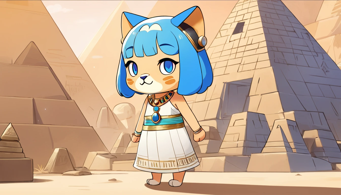 1girl，Artist Name，Egyptian cat，Blue Hair，skin，Keep your mouth shut，Wear，whole body，solo，Standing，猫Tail，Keep your mouth shut，Wear，Looking at the audience,Animal Crossing Furry, Blue Hair, Hair accessories, 黄skin, black eyes, White Dress, Tail, Egyptian Pyramids，mummy，Sunlight，sunny，(masterpiece), ((best quality), Detailed background, masterpiece, best quality, high quality, absurd, The award-winning, professional, Very detailed