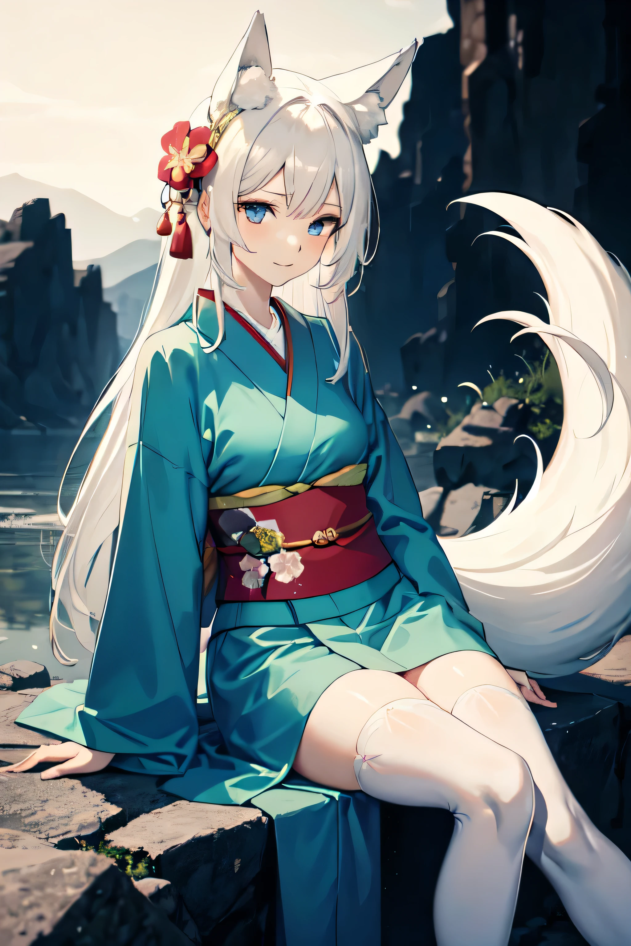 ((best quality)), ((masterpiece)), (detailed), Anime 18-year-old woman with white hair and blue eyes sitting sideways on a textureless square stone on the mountain at night, slight smile,Fox tail,Fox ears,Neat waist-length hair ,headgear(flower), Waist ornaments,Thin waistband,Anime style 4k, Simple monochrome emerald green kimono,Kimono with mid-upper thigh slit,Kimono covers(Upper thigh,All upper body),White opaque(Over-the-knee stockings), Best anime 4K wallpapers, Anime Art Wallpaper ,High viewing angle(whole body),Small Breasts,Unobvious muscle lines,serious posture,natural posture,Background Universe,sitting