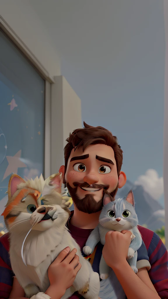 A disney pixar movie poster featuring a teenage character with a short beard and mustache, happy and cute. wearing clothes, Grinning, in one arm holding a Shintzu dog (bege e offwhite e no outro segurando um gato com várias cores (tricolor, offwhite, orange, blackw. Under a blue sky, full of stars outdoors ( the image is cute and so are the characters