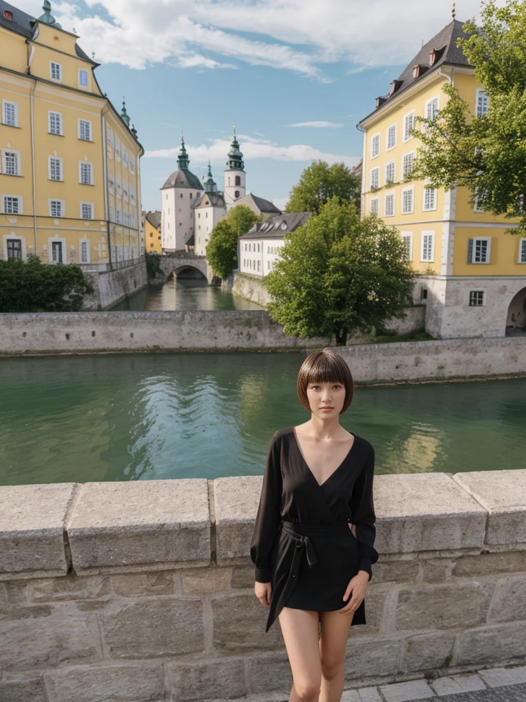 her name is Asako, high quality, 1girl, ((20-year-old fit Caucasian woman)), ((20 years old)), ((slim)), ((Edgy Bowl Cut hair)), pose: standing, wearing stylish fashionable Generation-Z modern wear bright colored, BACKGROUND:Your residence is a baroque townhouse with stucco facades and wrought iron railings, overlooking the Salzach River and the Hohensalzburg Fortress.
