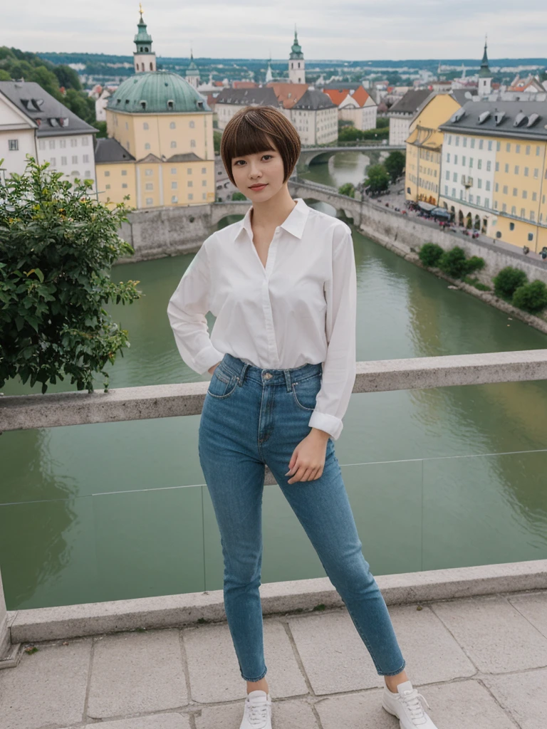 her name is Asako, high quality, 1girl, ((20-year-old fit Caucasian woman)), ((20 years old)), ((slim)), ((Edgy Bowl Cut hair)), pose: standing, wearing stylish fashionable Generation-Z modern wear bright colored, BACKGROUND:Your residence is a baroque townhouse with stucco facades and wrought iron railings, overlooking the Salzach River and the Hohensalzburg Fortress.