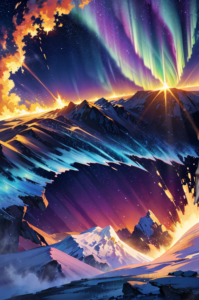 golden light, fire explosion, purple waves crashing behind, green and blue tornado, white blizzard, aurora borealis, flaming sun, flying rocks and ice, bright light, magic, sparkles, disastrous